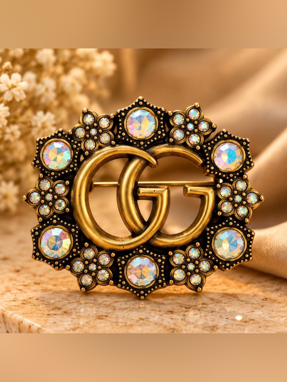 Iridescent Crystal Statement Brooch Antique Gold Tone Rhinestone Pin